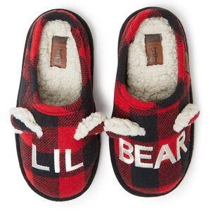 Dearfoams Slippers Memory Foam Red and Black Plaid Plush Kids Lil Bear Size 9/10